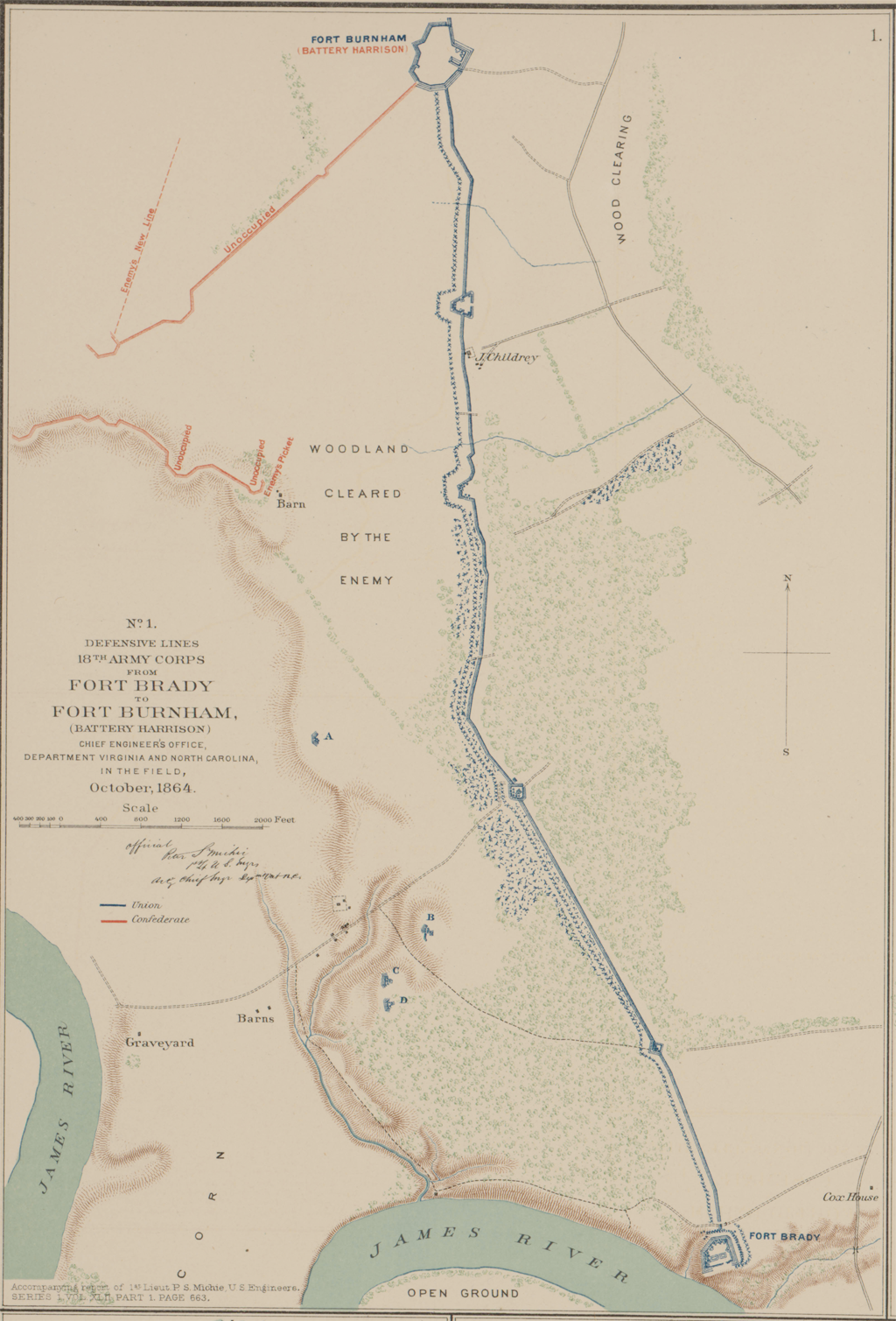 No. 1 Defensive Lines 18th Army Corps from Fort Brady to Fort Burnham (Battery Harrison) October 1864 (OR Atlas 68:1)