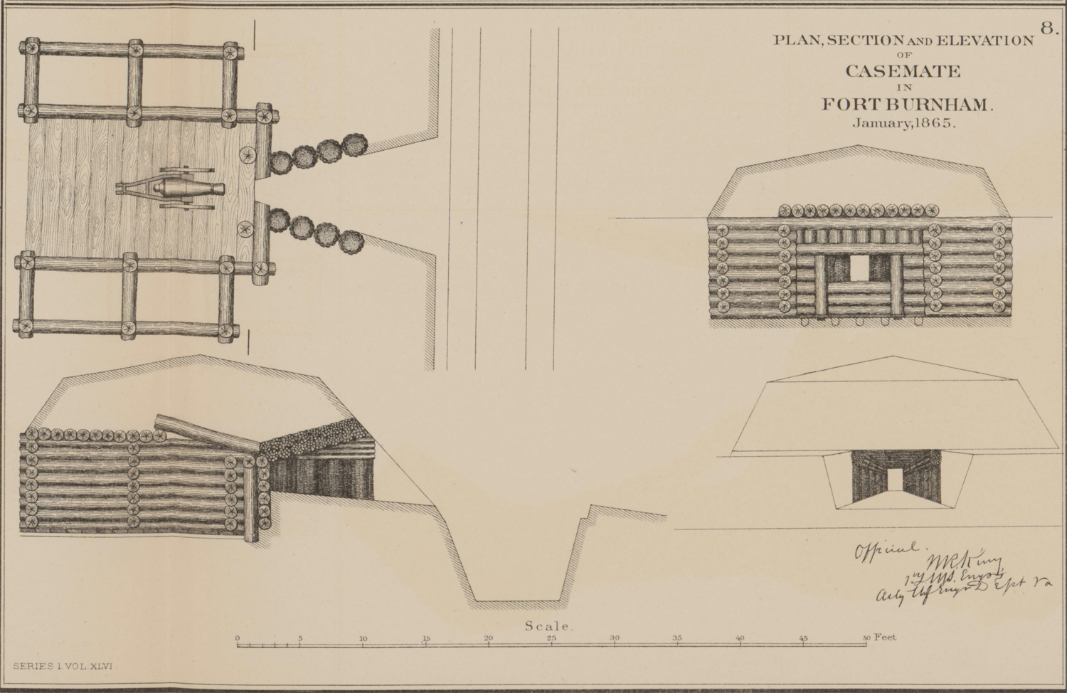 Plan, Section and Elevation of Casemate in Fort Burnham January 1865 (OR Atlas 68:8)