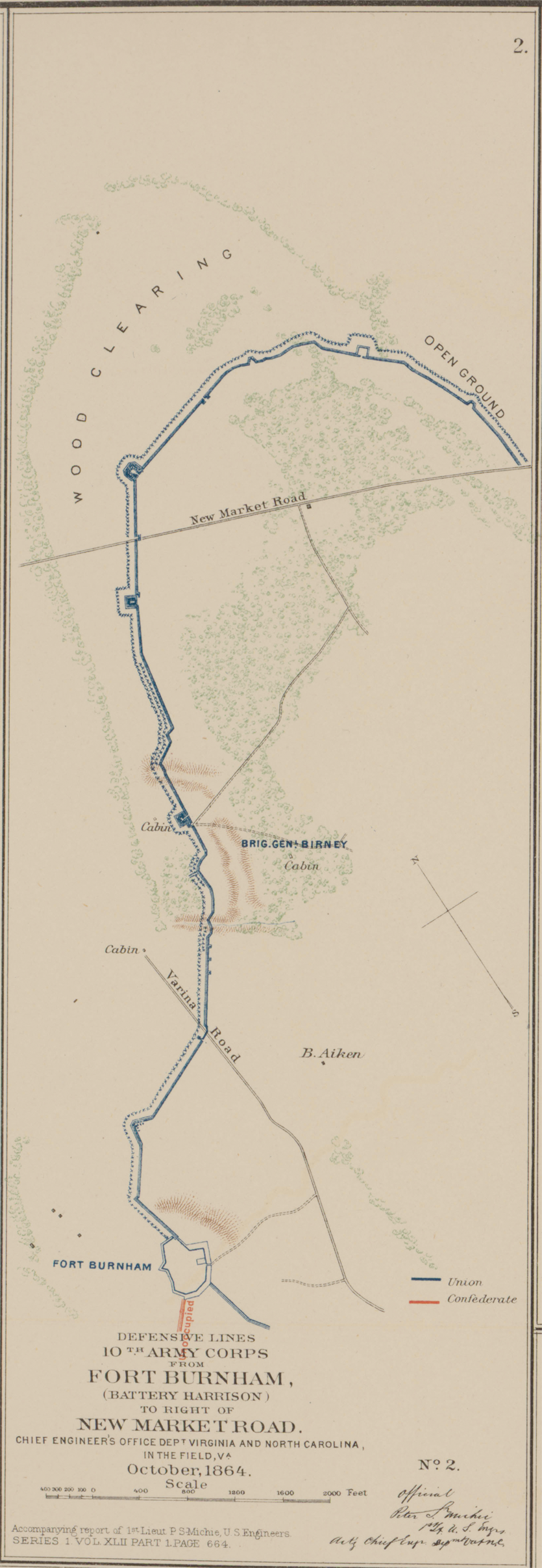 Defensive Lines 10th Army Corps from Fort Burnham (Battery Harrison) to Right of New Market Road October 1864 (OR Atlas 68:2)