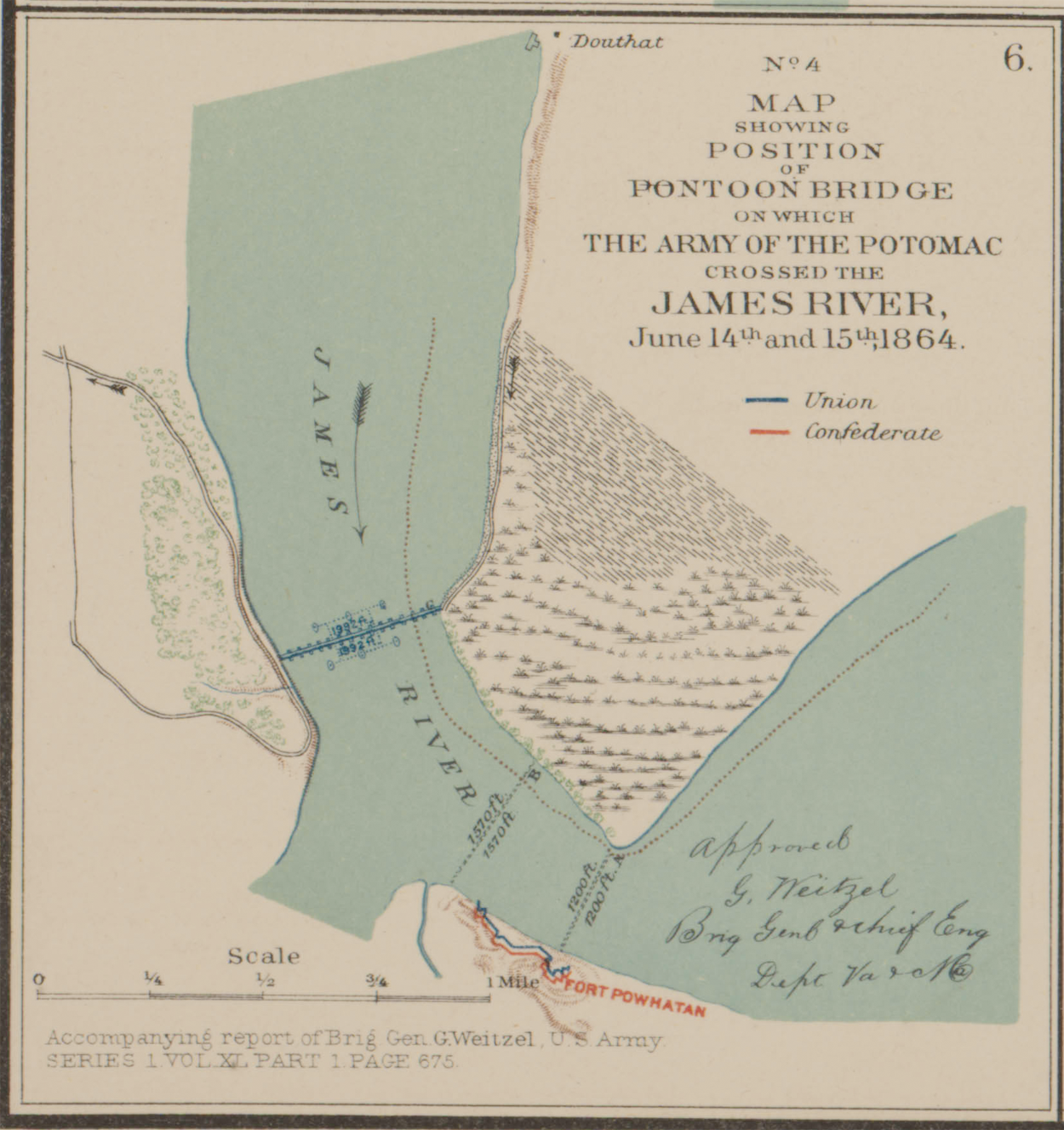 No. 4 Map Showing Position of Pontoon Bridge on Which the Army of the Potomac Crossed the James River June 14th and 15th 1864 (OR Atlas 68:6)